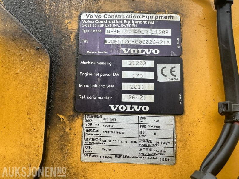 Wheel loader 2011 VOLVO L120F HJULLASTER MED SKUFFE - 14908 TIMER - SERTIFISERT 02/2024