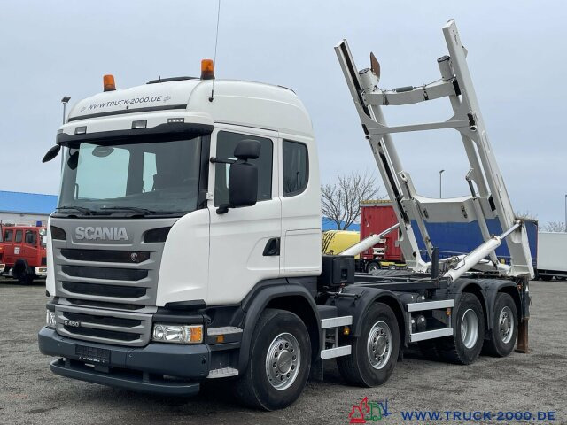 Hook lift truck Scania G 450 8x2 M-TEC Silosteller Retar. Deutscher LKW