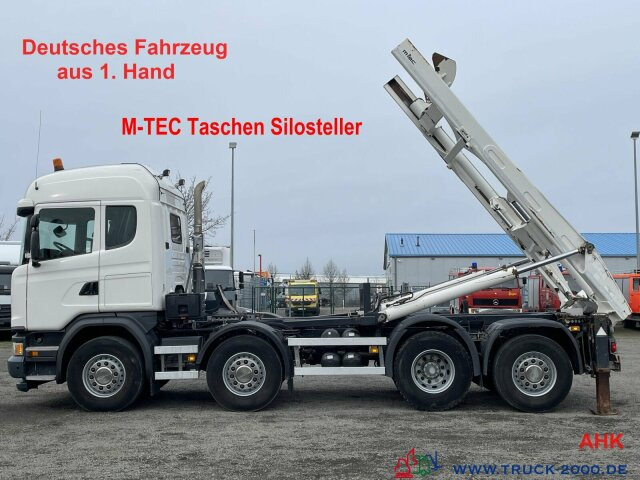 Hook lift truck Scania G 450 8x2 M-TEC Silosteller Retar. Deutscher LKW