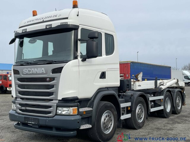 Hook lift truck Scania G 450 8x2 M-TEC Silosteller Retar. Deutscher LKW